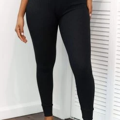 Lounge Underwear Leggings Sets Ribbed High Waisted Leggings - Black