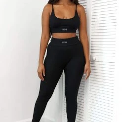 Lounge Underwear Leggings Sets Ribbed High Waisted Leggings - Black
