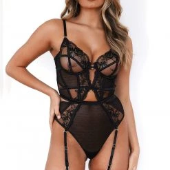 Lounge Underwear Lace Priya Bodysuit - Black