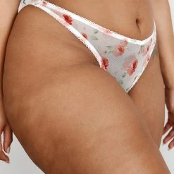 Lounge Underwear Floral Mesh Balcony Thong - White String Und Slip