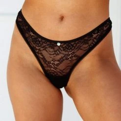 Lounge Underwear String Und Slip Picot Edged Lace Thong - Black