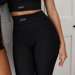 Lounge Underwear Leggings Sets Ribbed High Waisted Leggings - Black